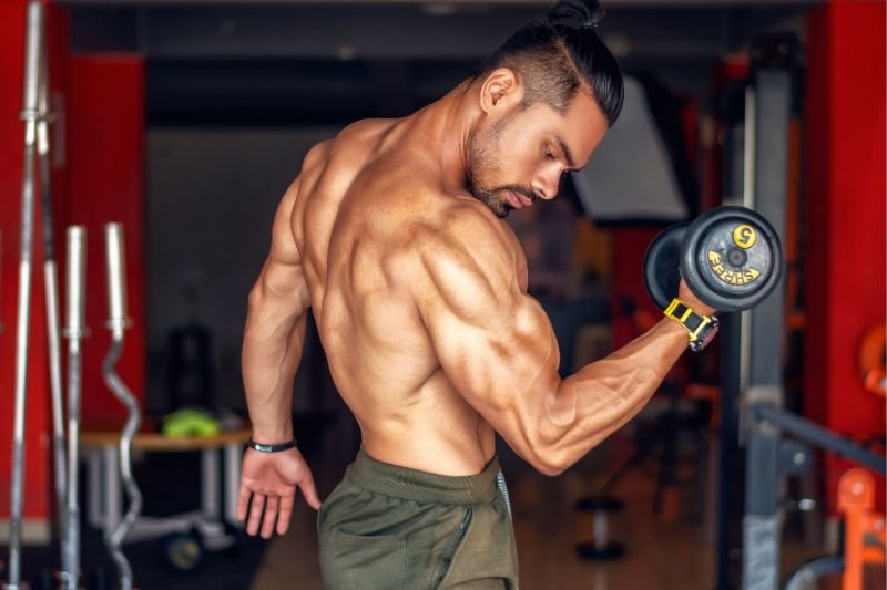 Muscular athlete performing back training in a gym